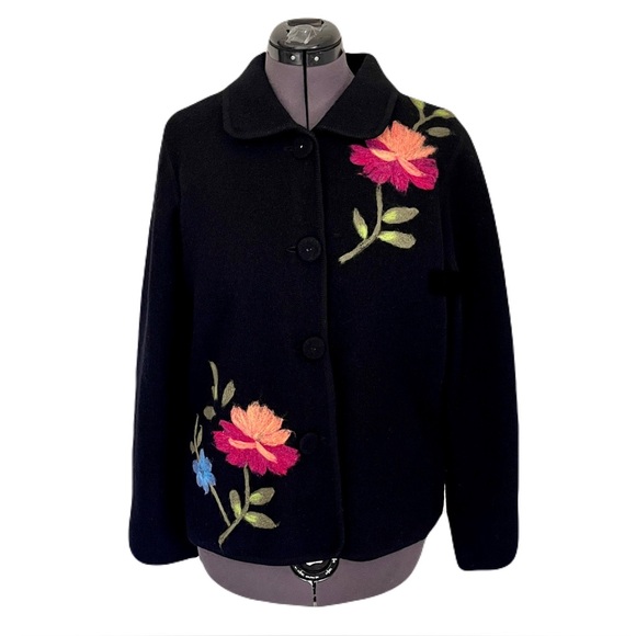 Itsu Jackets & Blazers - Itsu Black 100% Boiled Wool, Felted Floral Jacket, Size L